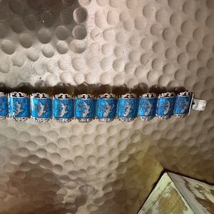 SALE -Vintage Filigreed Siam 925 Sterling w RARE Blue Enamel Dancers Bracelet 7"